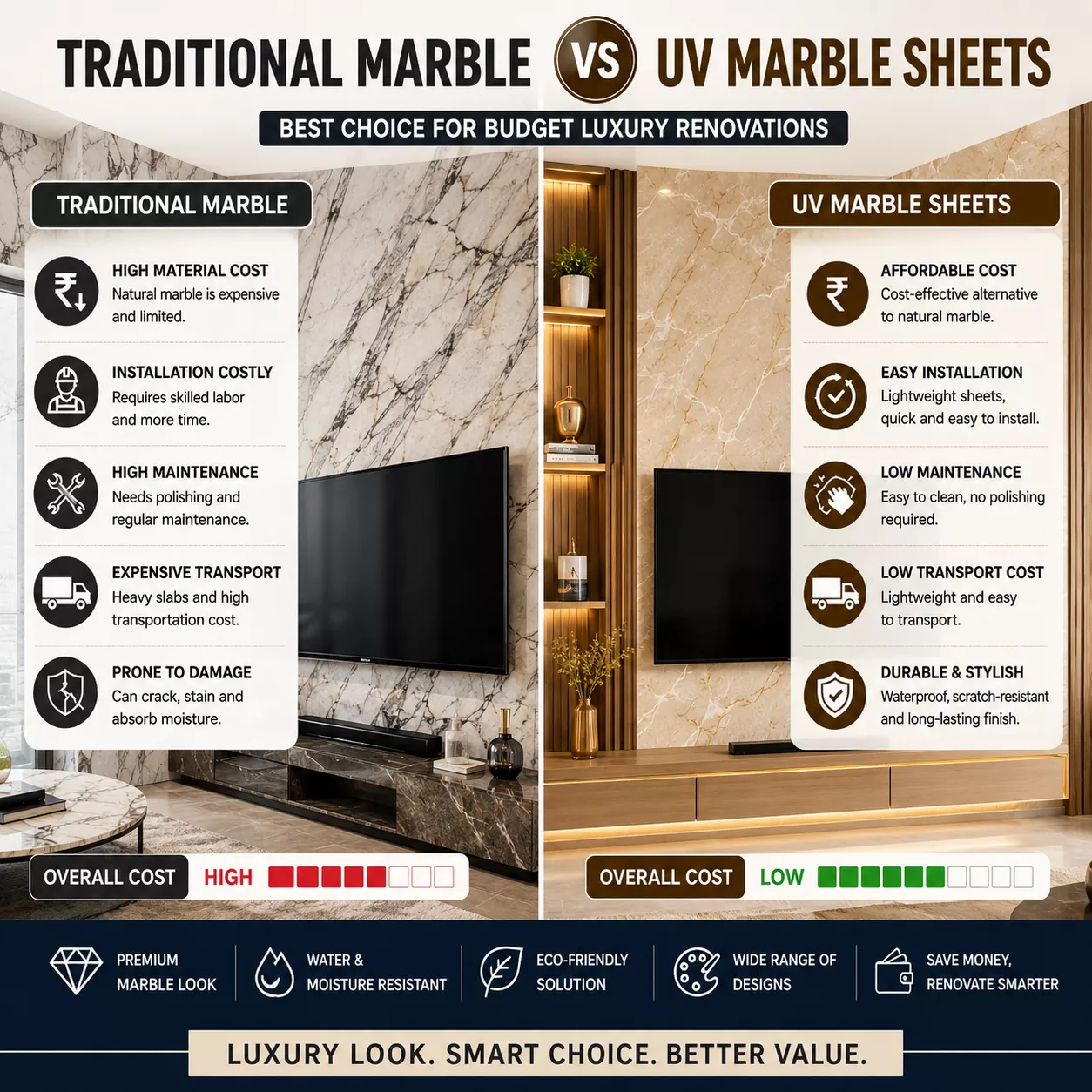 Comparing Traditional Marble Cost Versus UV Marble Sheets for Budget Luxury Renovations