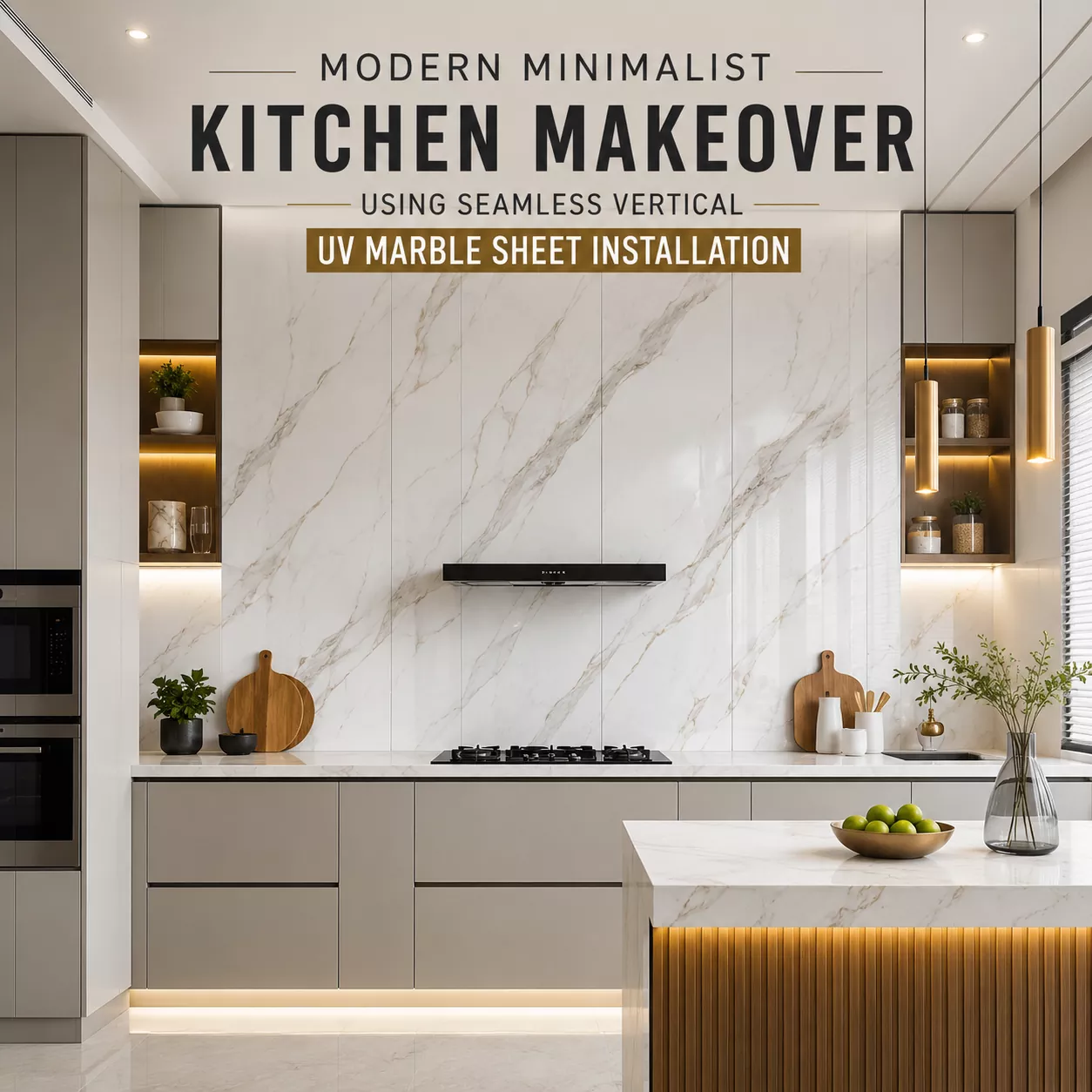 Modern Minimalist Kitchen Makeover Using Seamless Vertical UV Marble Sheet Installation